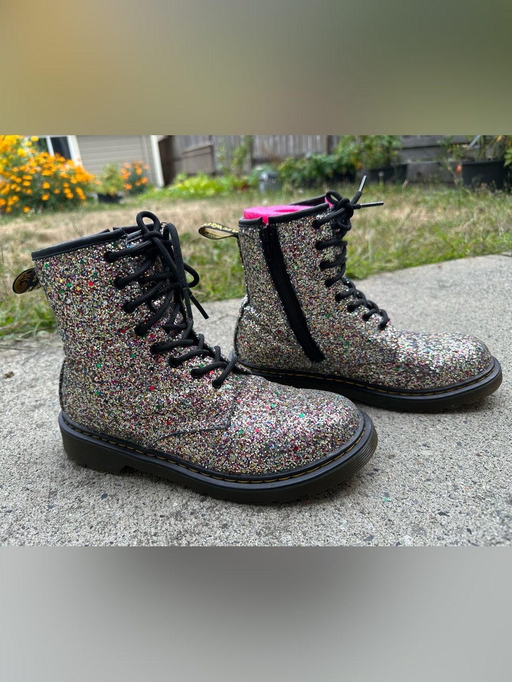 Dr. Martens Girls' Multicolor Glitter Combat Boots with Pink Lining